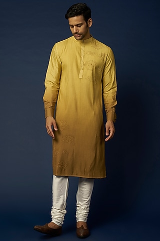 Mustard Ombre Embroidered Kurta Set by Khanijo