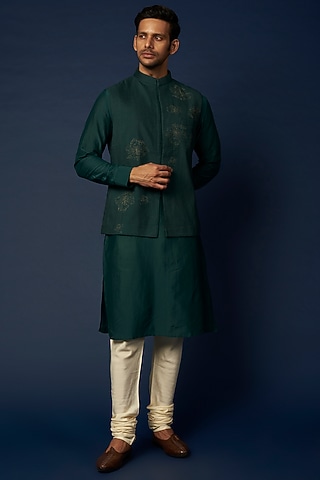 Bottle Green Embroidered Bundi Jacket With Kurta Set by Khanijo