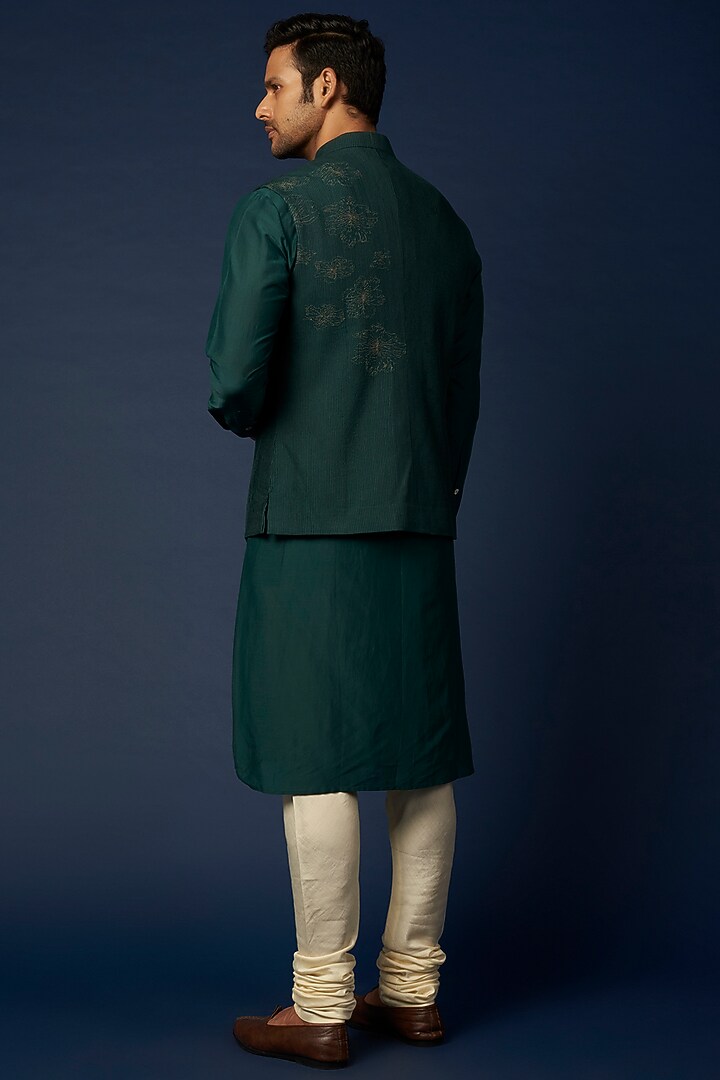 Bottle Green Embroidered Bundi Jacket With Kurta Set by Khanijo at Pernia's Pop Up Shop