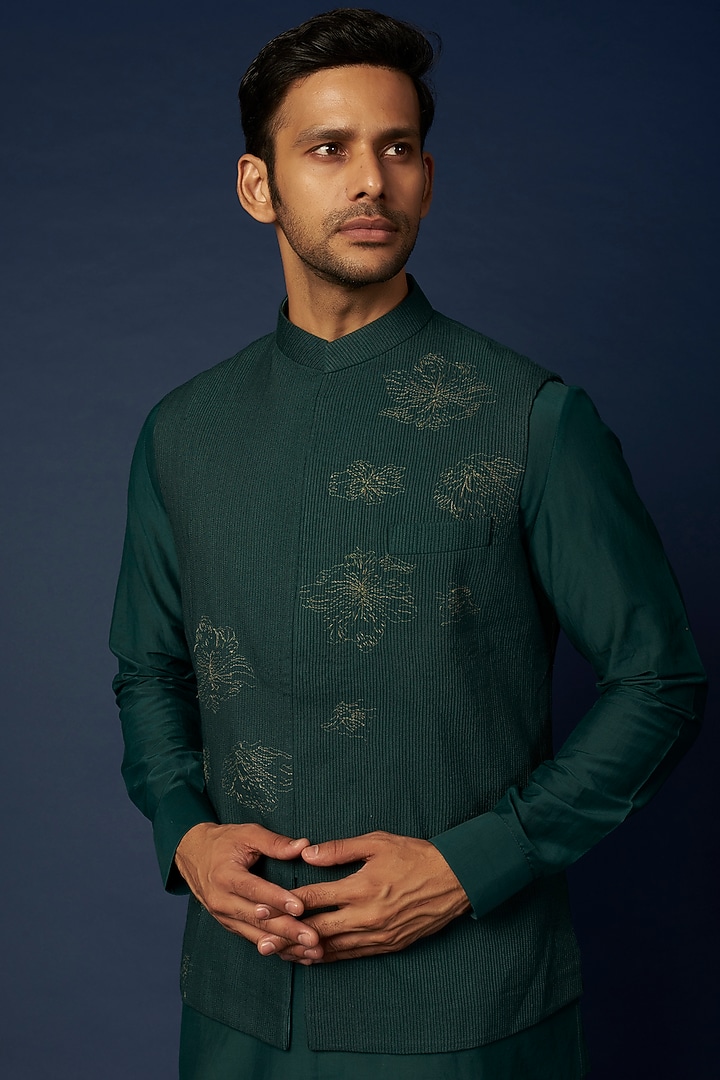 Bottle Green Embroidered Bundi Jacket With Kurta Set by Khanijo at Pernia's Pop Up Shop