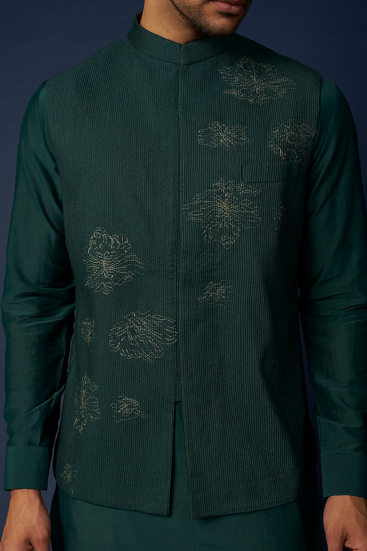 Bottle Green Embroidered Bundi Jacket With Kurta Set by Khanijo at Pernia's Pop Up Shop