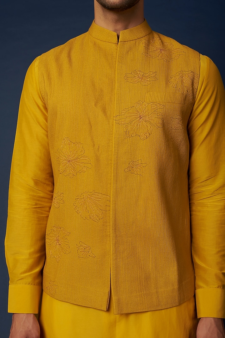 Mustard Embroidered Bundi Jacket With Kurta Set by Khanijo at Pernia's Pop Up Shop