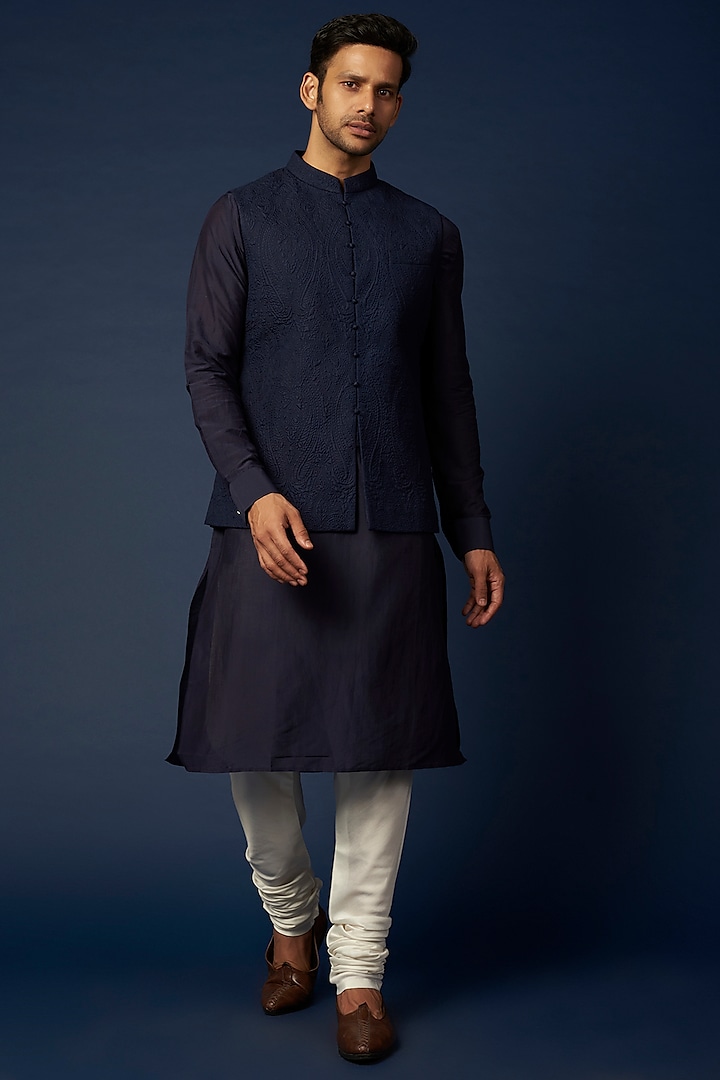 Midnight Blue Quilted Bundi Jacket With Kurta Set by Khanijo