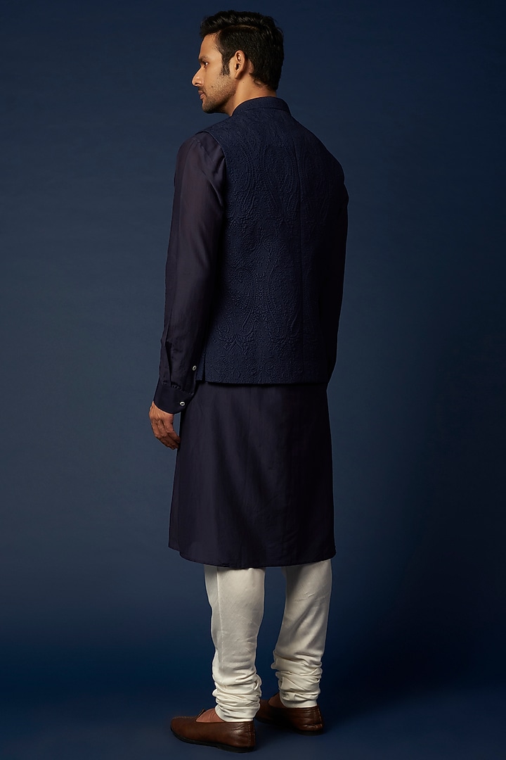 Midnight Blue Quilted Bundi Jacket With Kurta Set by Khanijo at Pernia's Pop Up Shop