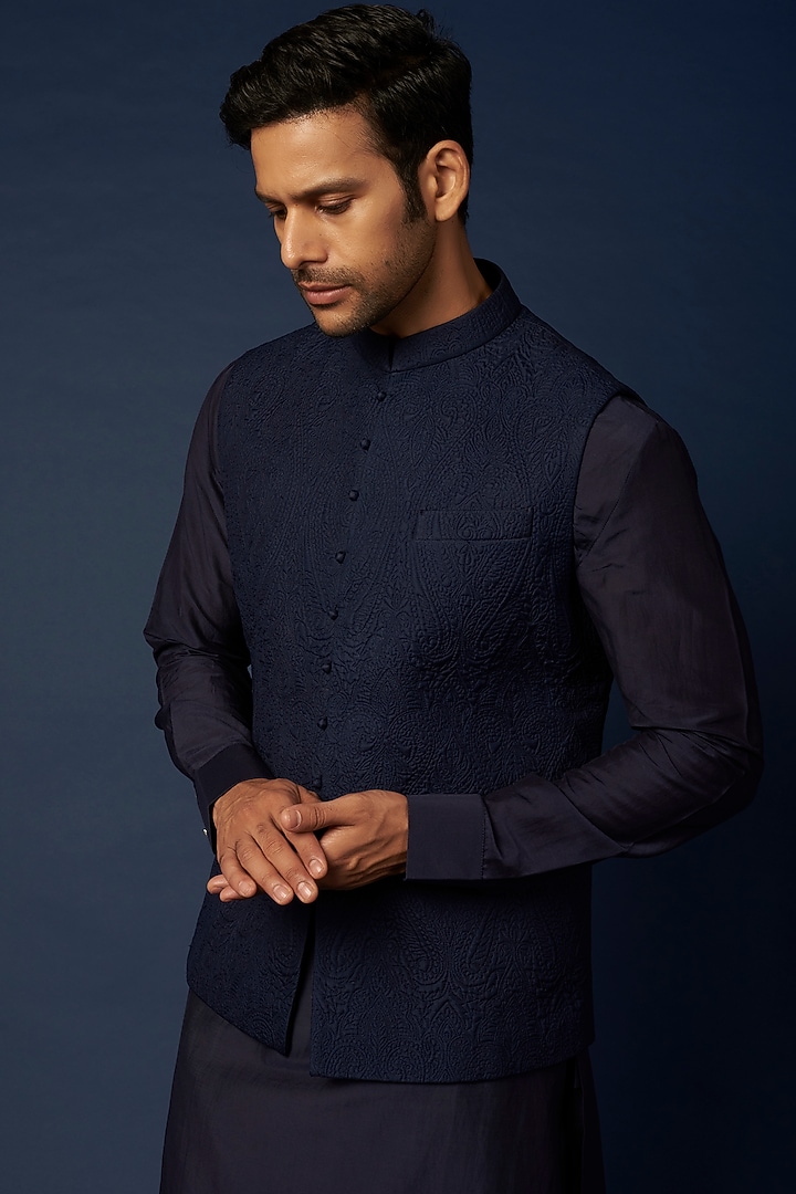 Midnight Blue Quilted Bundi Jacket With Kurta Set by Khanijo at Pernia's Pop Up Shop