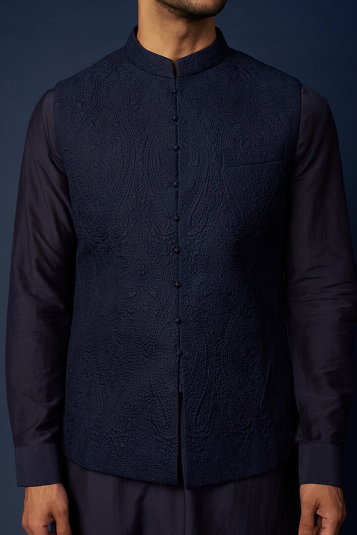 Midnight Blue Quilted Bundi Jacket With Kurta Set by Khanijo at Pernia's Pop Up Shop