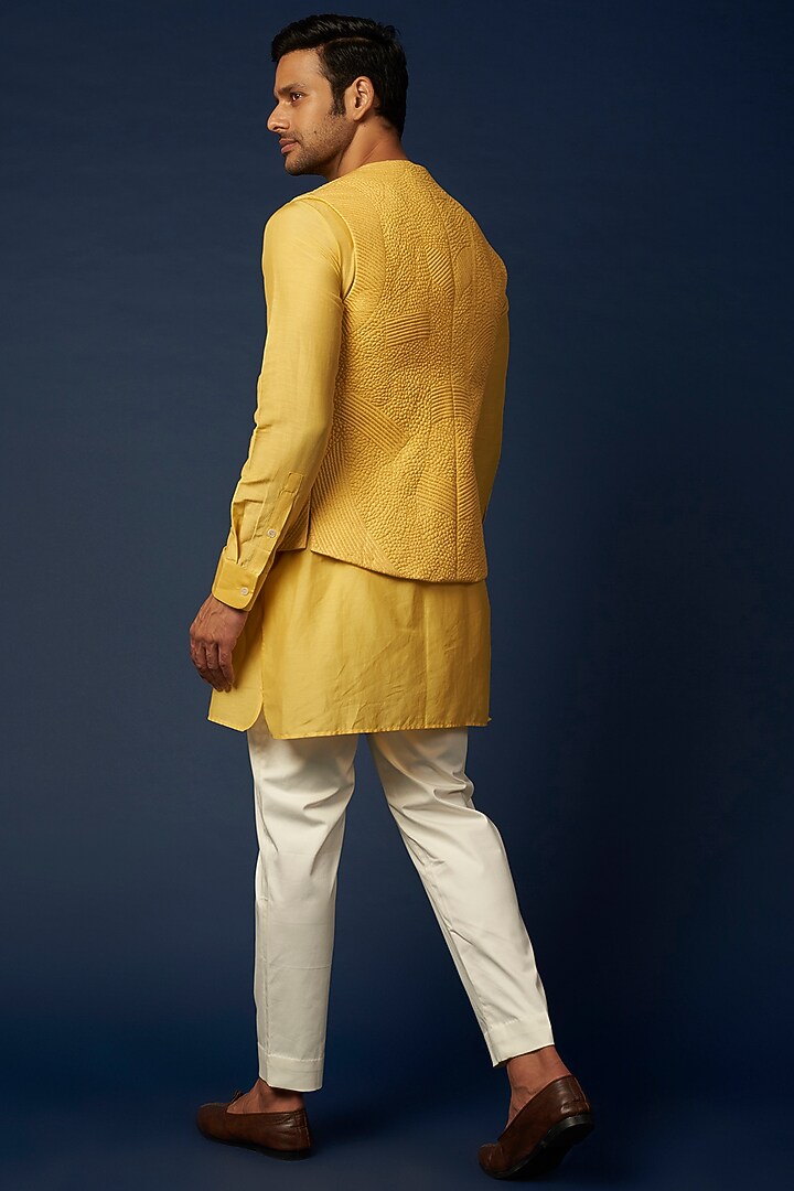 Bright Yellow Silk Bundi Jacket With Kurta Set by Khanijo at Pernia's Pop Up Shop