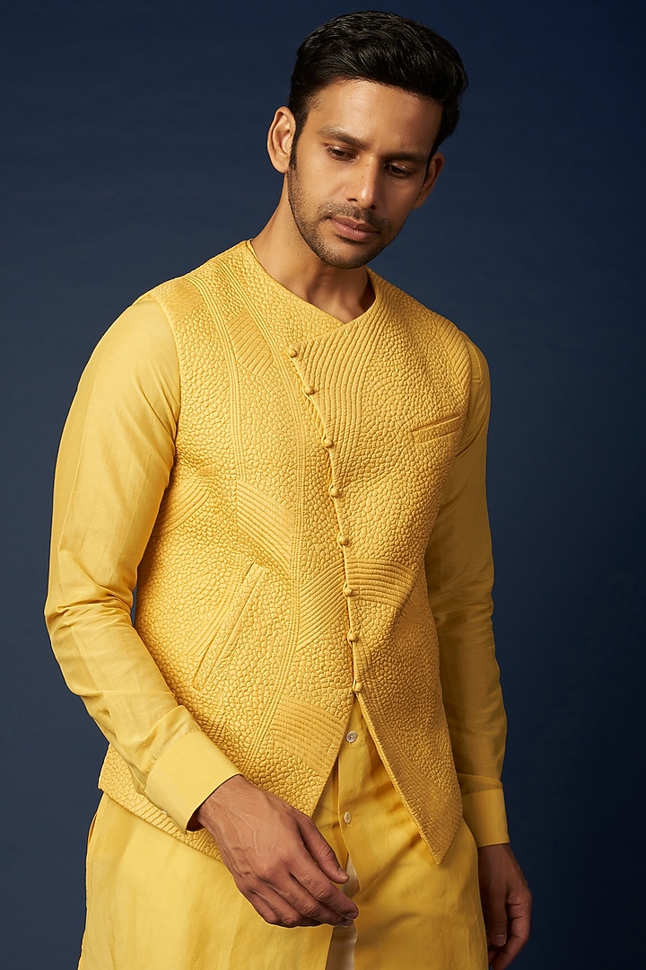 Bright Yellow Silk Bundi Jacket With Kurta Set by Khanijo at Pernia's Pop Up Shop