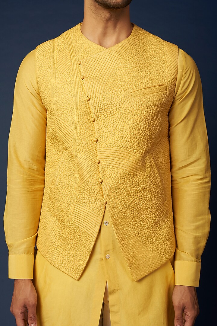 Bright Yellow Silk Bundi Jacket With Kurta Set by Khanijo at Pernia's Pop Up Shop