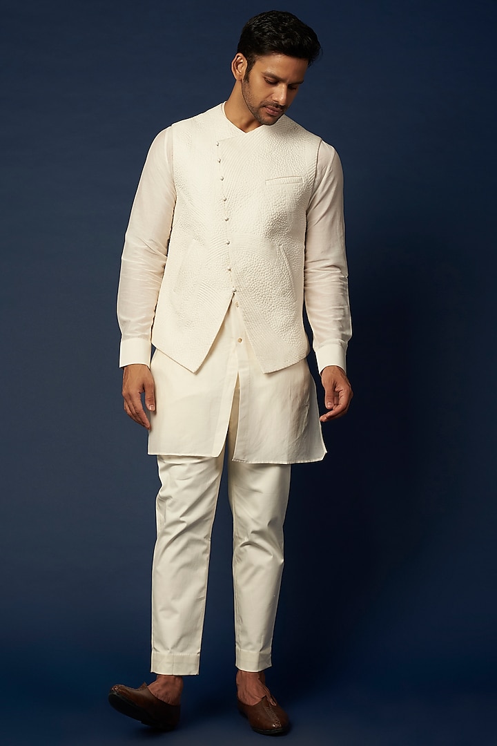 Ivory Silk Bundi Jacket With Kurta Set by Khanijo