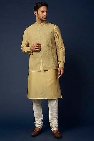 Mint Green Silk Bundi Jacket With Kurta Set by Khanijo