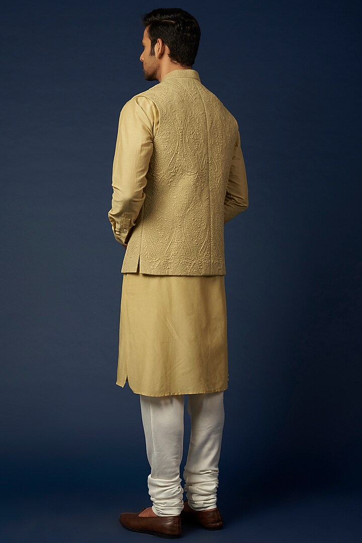 Mint Green Silk Bundi Jacket With Kurta Set by Khanijo at Pernia's Pop Up Shop