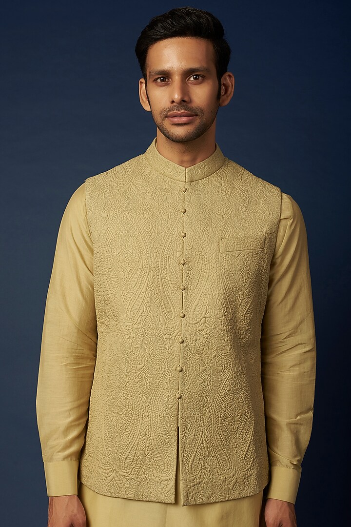 Mint Green Silk Bundi Jacket With Kurta Set by Khanijo at Pernia's Pop Up Shop