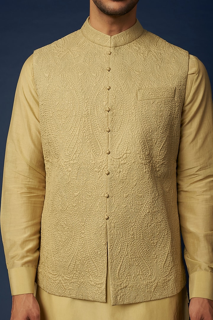 Mint Green Silk Bundi Jacket With Kurta Set by Khanijo at Pernia's Pop Up Shop