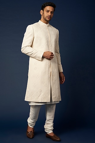 Ivory Embroidered Achkan Jacket Set by Khanijo