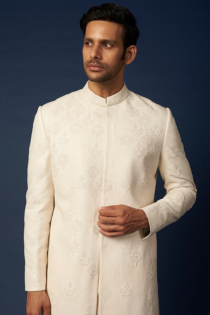 Ivory Embroidered Achkan Jacket Set by Khanijo at Pernia's Pop Up Shop