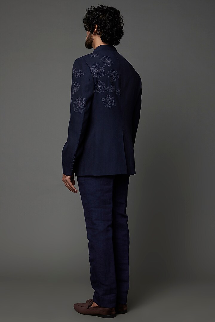 Midnight Blue Embroidered Wedding Bandhgala Jacket Set by Khanijo at Pernia's Pop Up Shop