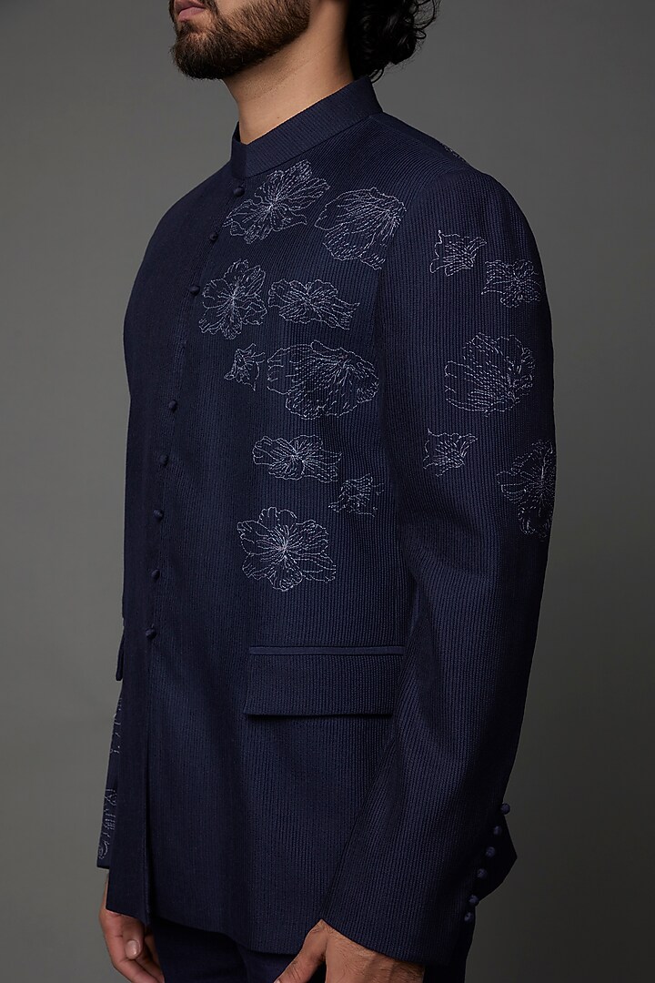 Midnight Blue Embroidered Wedding Bandhgala Jacket Set by Khanijo at Pernia's Pop Up Shop