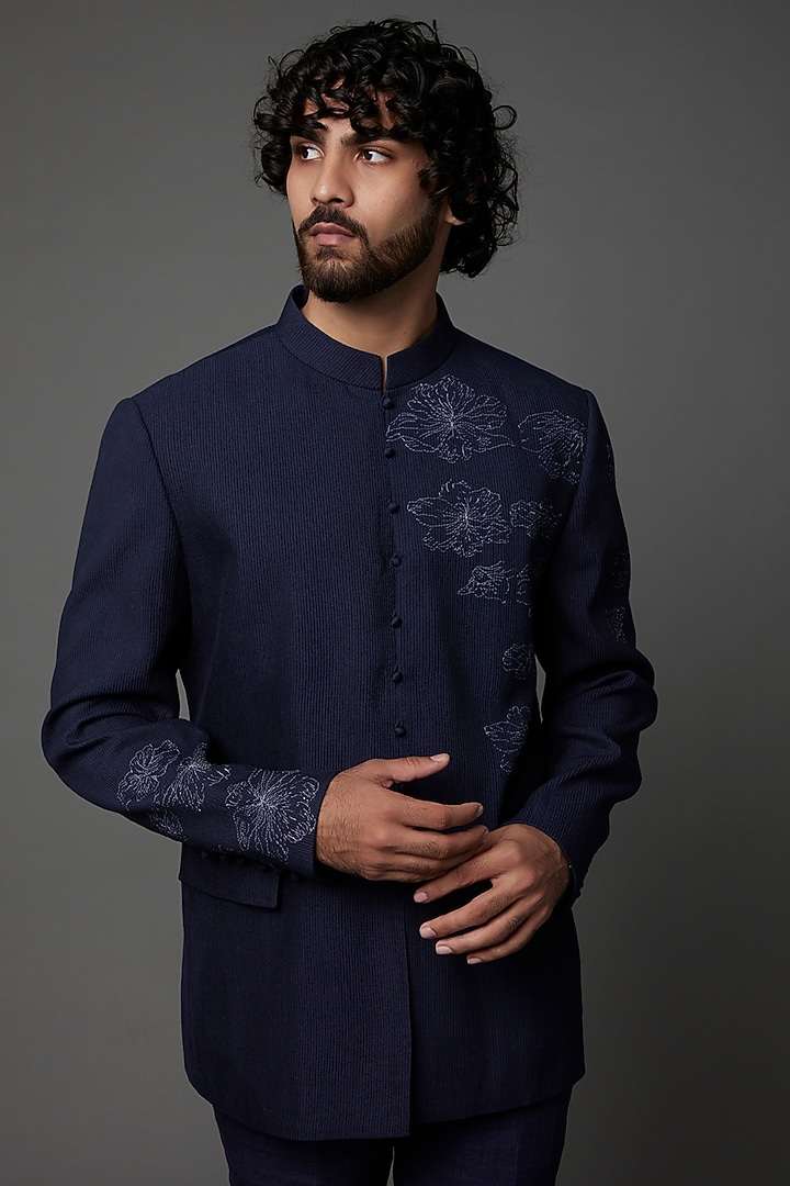 Midnight Blue Embroidered Wedding Bandhgala Jacket Set by Khanijo at Pernia's Pop Up Shop