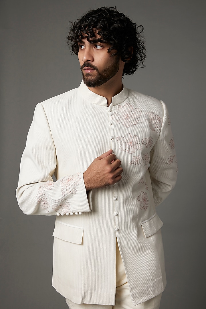 Ivory Embroidered Wedding Bandhgala Jacket Set by Khanijo at Pernia's Pop Up Shop