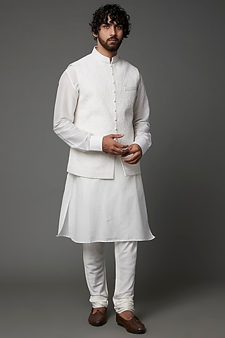 Ivory Embroidered Bundi Jacket With Kurta Set by Khanijo