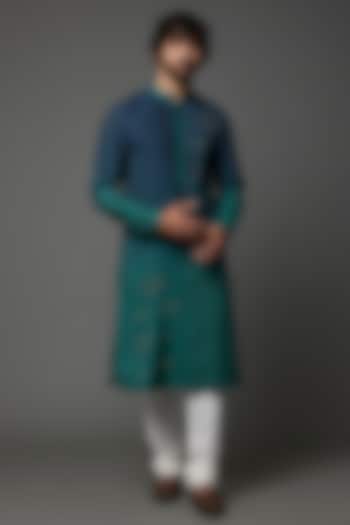 Teal Ombre Embroidered Kurta Set by Khanijo