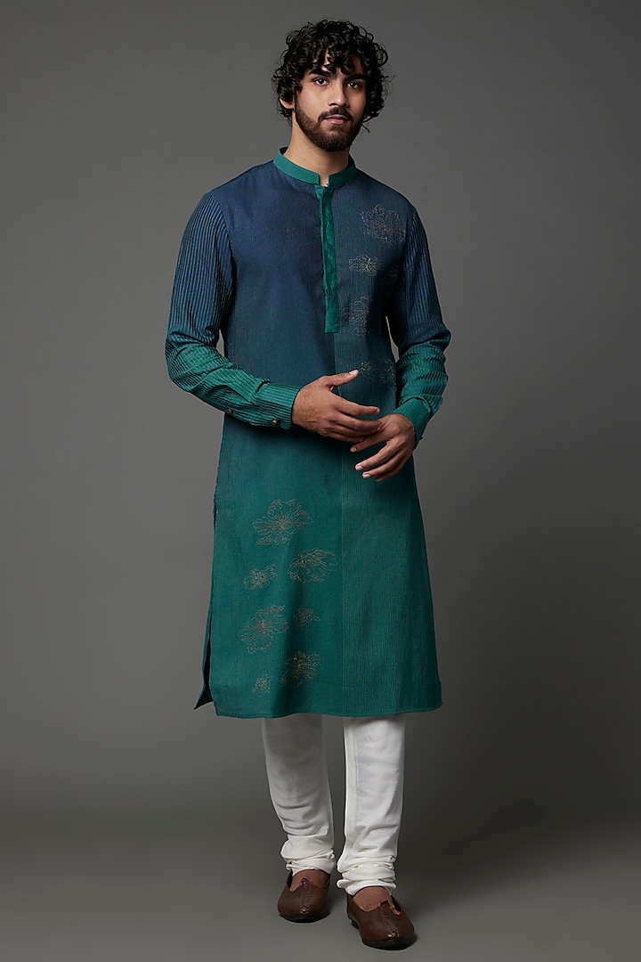 Teal Ombre Embroidered Kurta Set by Khanijo
