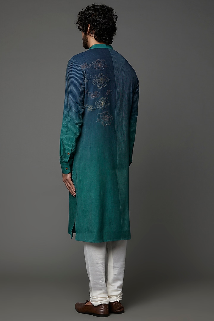 Teal Ombre Embroidered Kurta Set by Khanijo at Pernia's Pop Up Shop