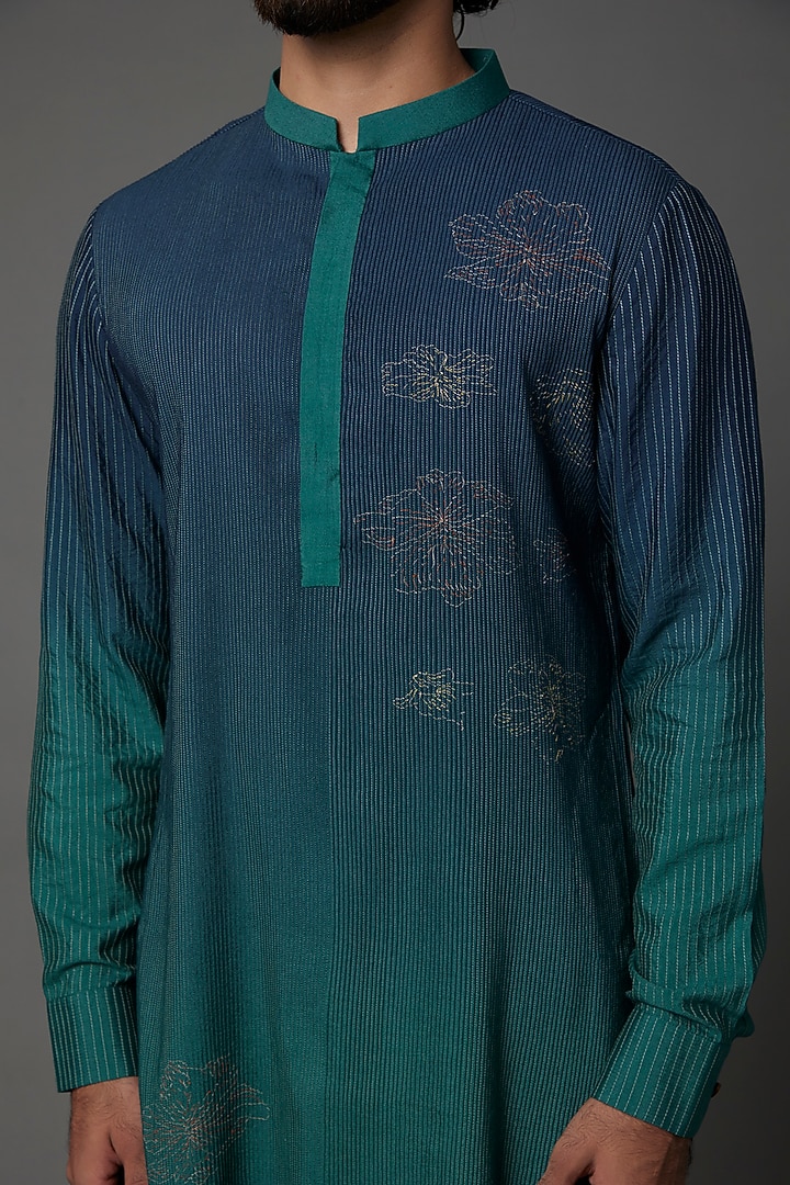 Teal Ombre Embroidered Kurta Set by Khanijo at Pernia's Pop Up Shop
