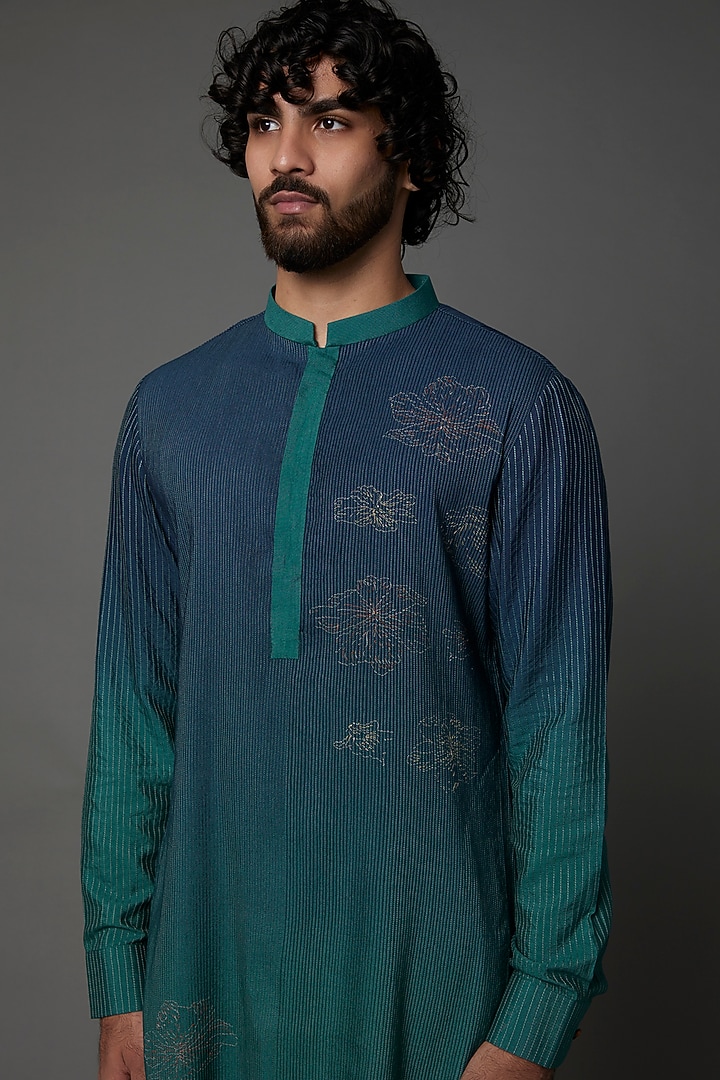 Teal Ombre Embroidered Kurta Set by Khanijo at Pernia's Pop Up Shop
