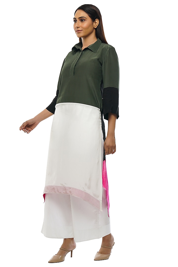 Forest Green Crepe Silk & Cotton Poplin Co-Ord Set by KHAT