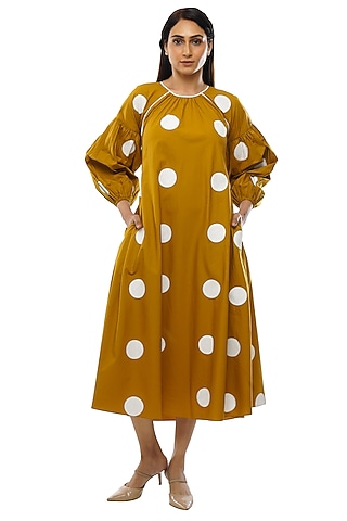 Mustard Poplin Cotton Printed Dress by KHAT
