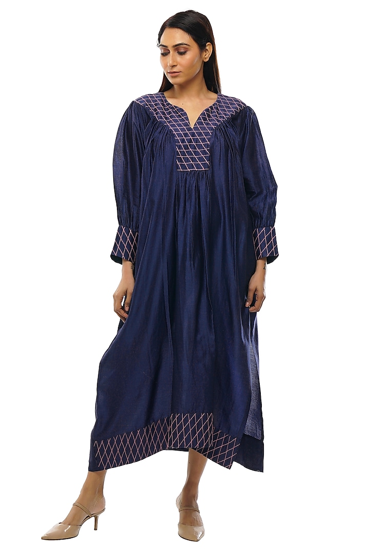 Navy Blue Chanderi Embroidered Dress by KHAT