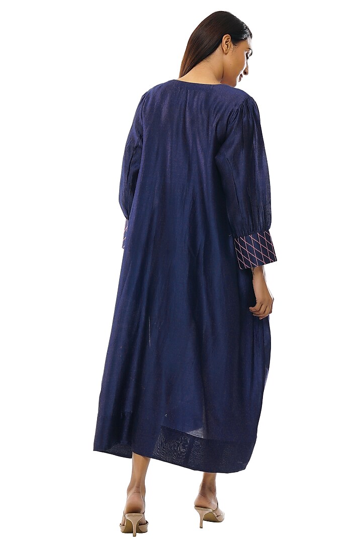 Navy Blue Chanderi Embroidered Summer Dress by KHAT at Pernia's Pop Up Shop
