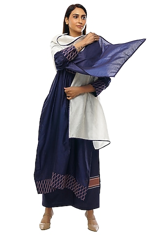 Navy Blue Chanderi Embroidered Tunic Set by KHAT