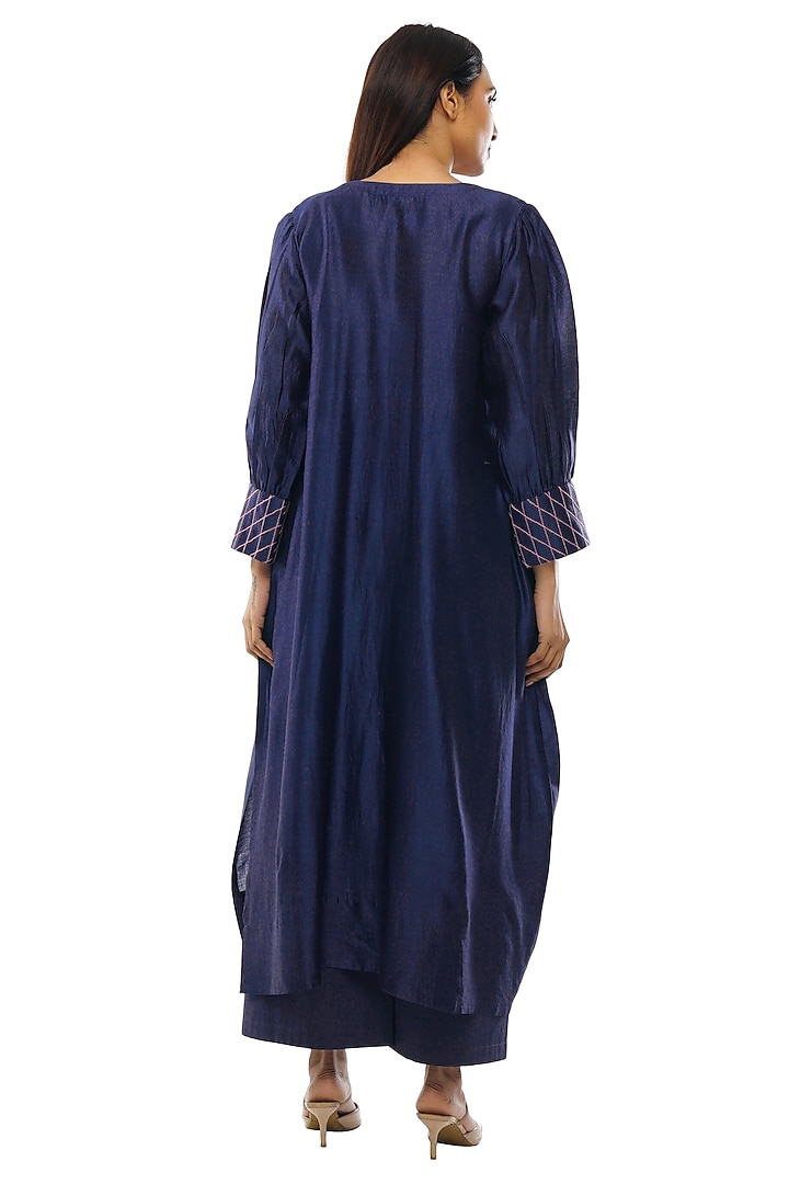 Navy Blue Chanderi Embroidered Tunic Set by KHAT at Pernia's Pop Up Shop