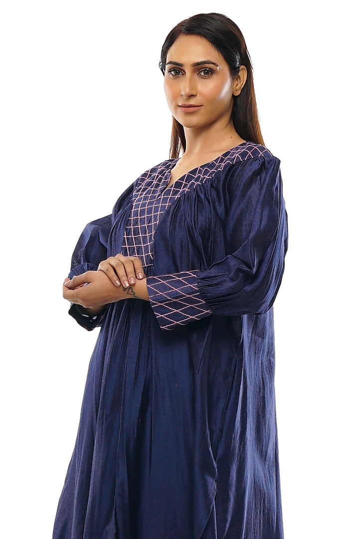 Navy Blue Chanderi Embroidered Tunic Set by KHAT at Pernia's Pop Up Shop