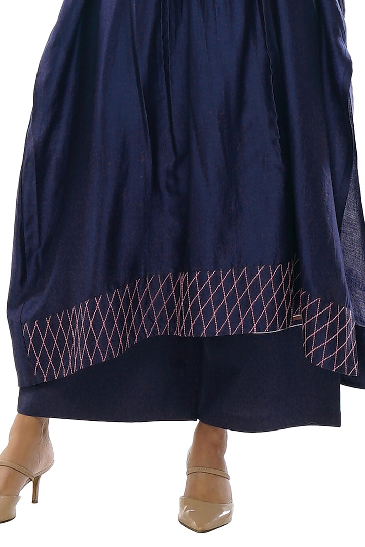 Navy Blue Chanderi Embroidered Tunic Set by KHAT at Pernia's Pop Up Shop