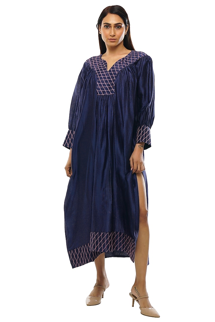 Navy Blue Chanderi Embroidered Summer Dress With Scarf by KHAT at Pernia's Pop Up Shop