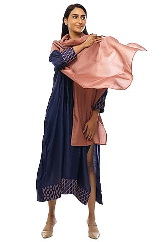 Navy Blue Chanderi Embroidered Dress With Scarf by KHAT