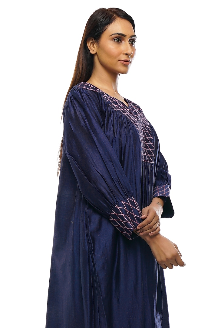 Navy Blue Chanderi Embroidered Summer Dress With Scarf by KHAT at Pernia's Pop Up Shop