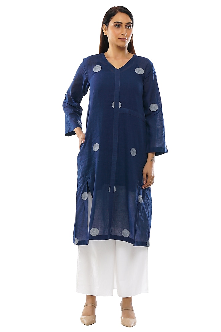 Navy Blue Handwoven Tunic Set by KHAT
