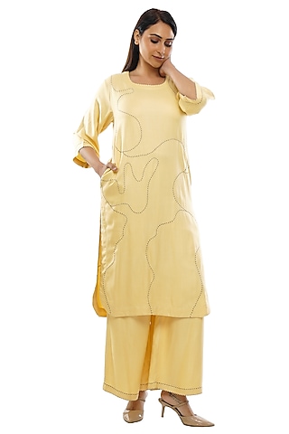 Light Yellow Tencel Twill Embroidered Kurta Set by KHAT