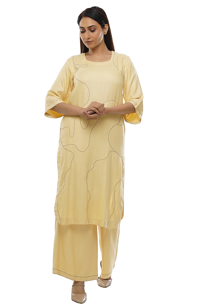 Light Yellow Tencel Twill Embroidered Kurta Set by KHAT at Pernia's Pop Up Shop