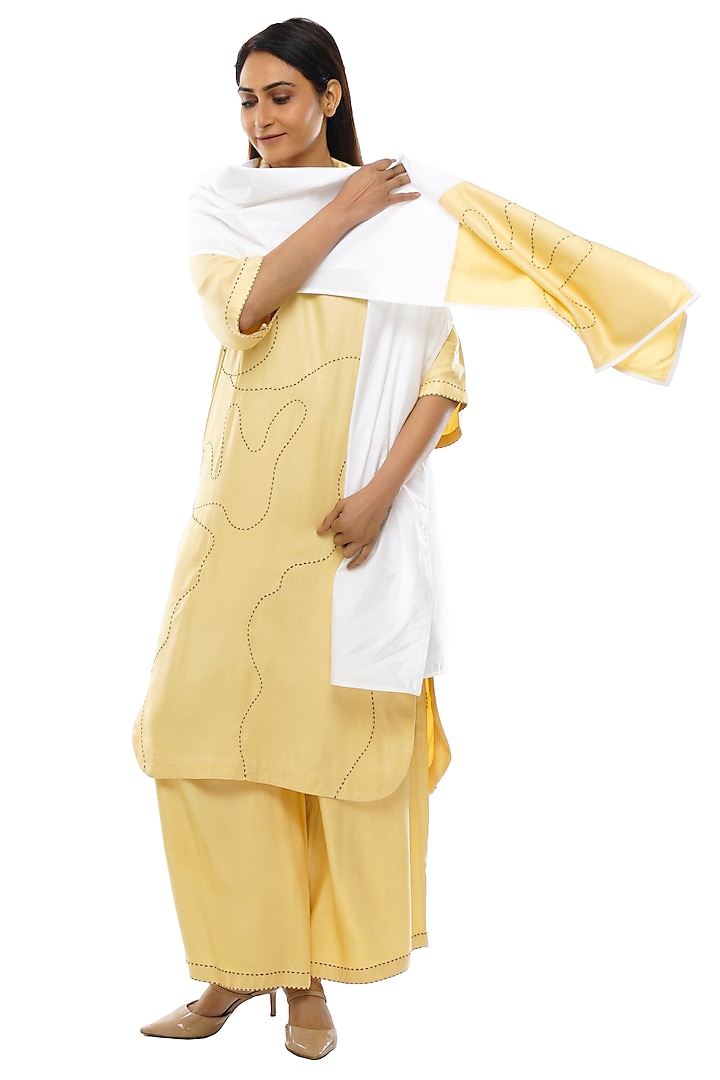 Light Yellow Tencel Twill Embroidered Kurta Set by KHAT