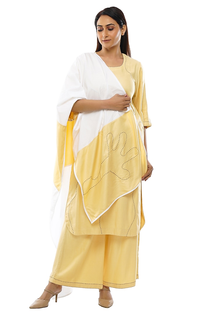 Light Yellow Tencel Twill Embroidered Kurta Set by KHAT at Pernia's Pop Up Shop