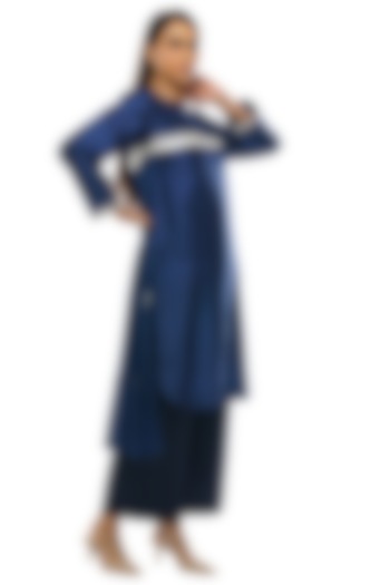 Navy Blue Chanderi Silk & Handwoven Kurta Set by KHAT