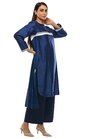 Navy Blue Chanderi Silk & Handwoven Kurta Set by KHAT