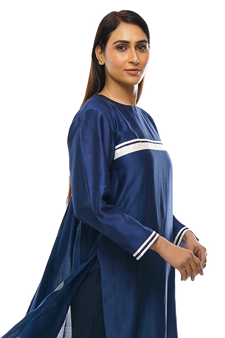 Navy Blue Chanderi Silk & Handwoven Kurta Set by KHAT at Pernia's Pop Up Shop