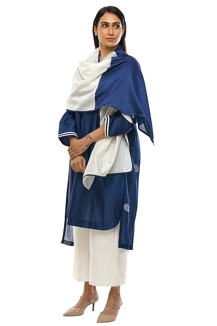 Navy Blue Chanderi Silk & Handwoven Kurta Set by KHAT